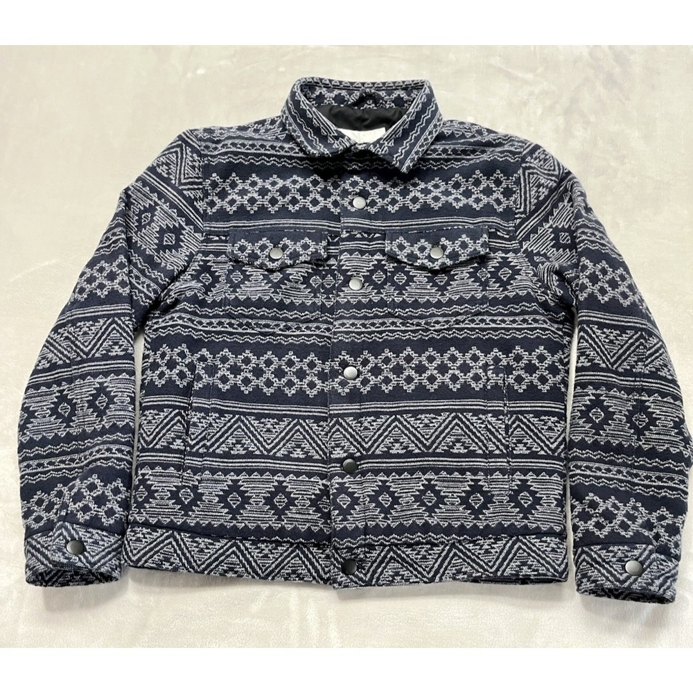 Sun + Stone Bomber Jacket Men Medium Navy Aztec Print Lined Flap Pocket Flannel - Picture 1 of 16